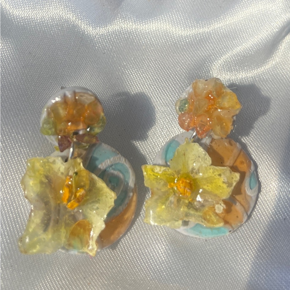 Yellow Floral Resin Drop Earrings for Women